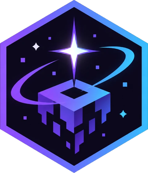 Astrodawn logo: a pixel block beneath a rising star inside a hexagon